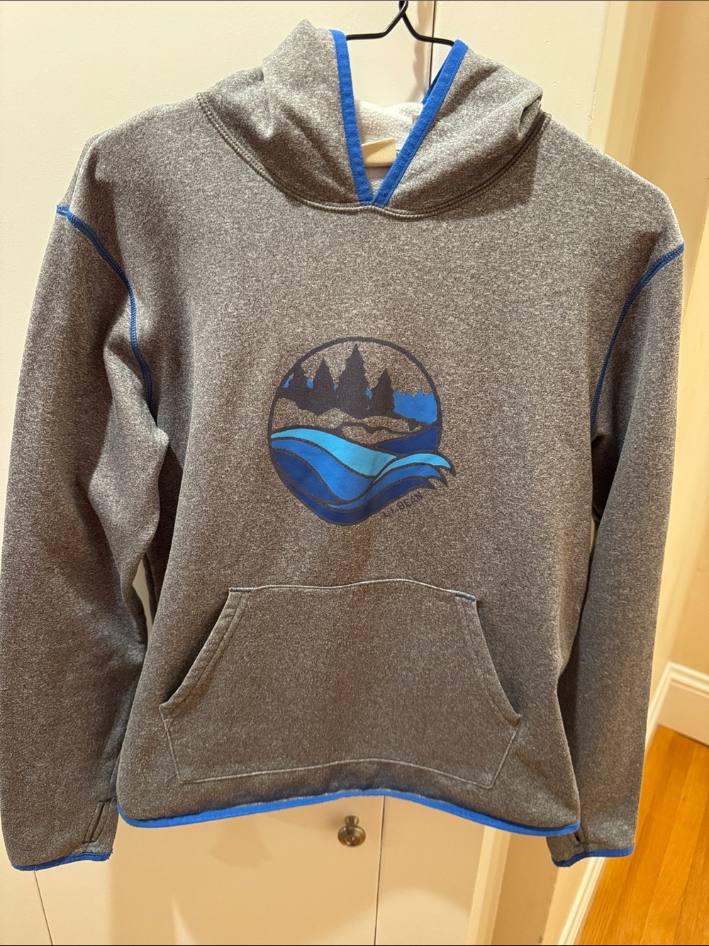 L.L. Bean Gray Crewneck Sweater with Blue Graphic Trim
